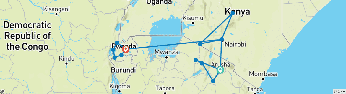 Image of a map showing the route of the tour