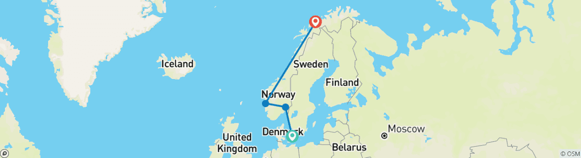 Mapa de Capitales escandinavas, fiordos y maravillas del Ártico | El pintoresco ferrocarril de Flåm, desayuno diario y visitas turísticas incluidas