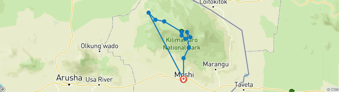 Mapa de Ascenso al Kilimanjaro por la ruta Lemosho, de 8 días | La ruta más espectacular hasta el pico Uhuru