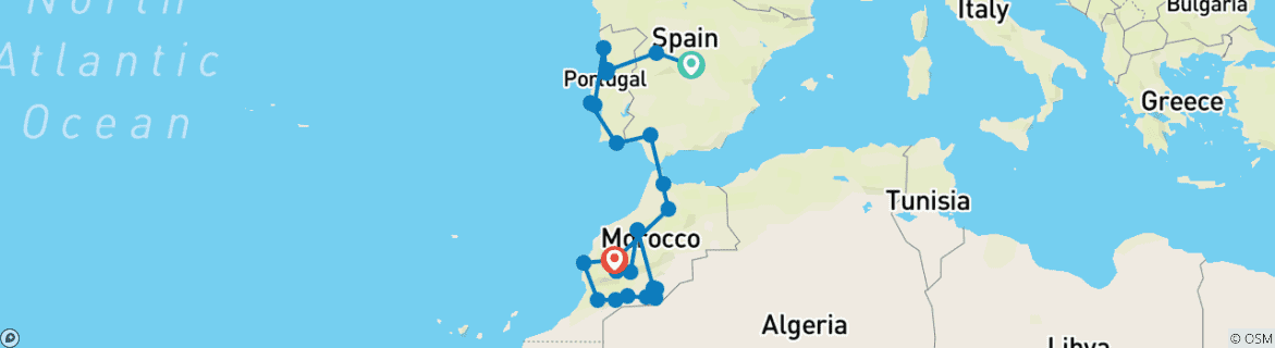 Image of a map showing the route of the tour