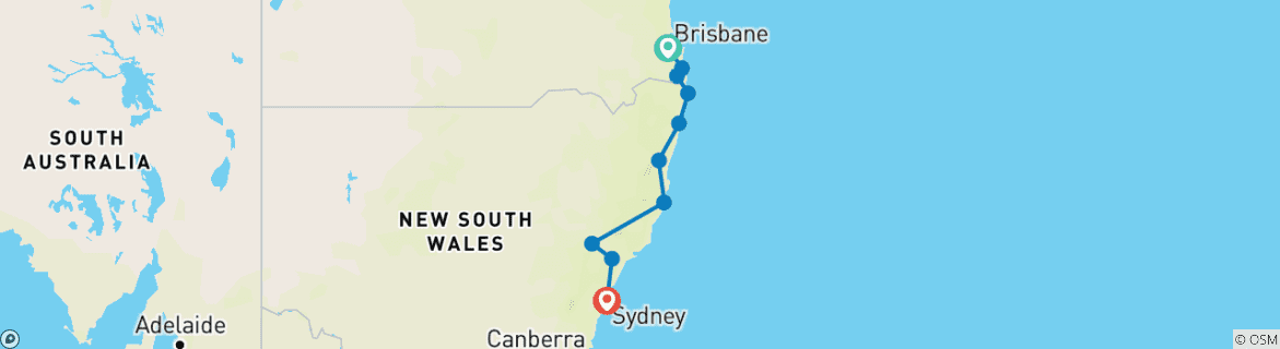 Image of a map showing the route of the tour