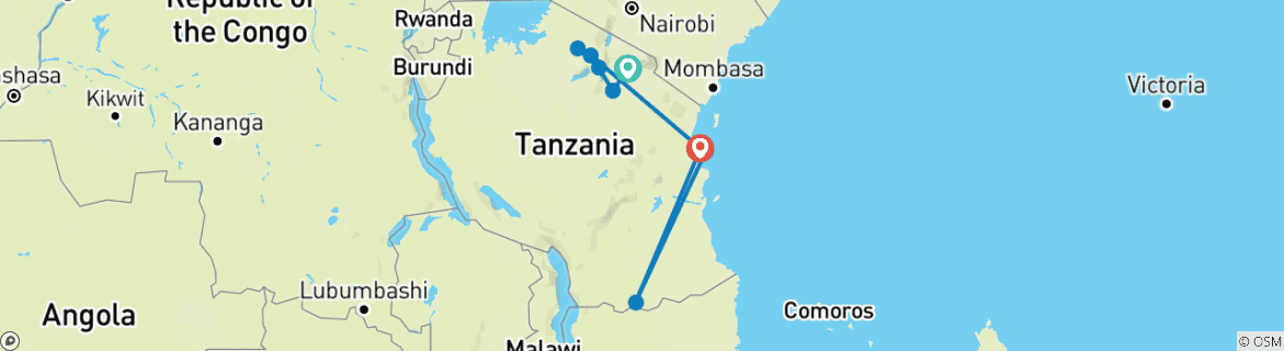 Image of a map showing the route of the tour