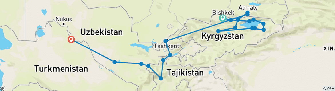 Image of a map showing the route of the tour