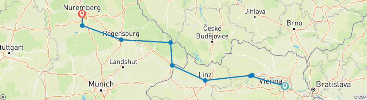Image of a map showing the route of the tour