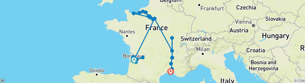 Carte du circuit Ultimate France (2028) (De Bordeaux à Arles, 2028)
