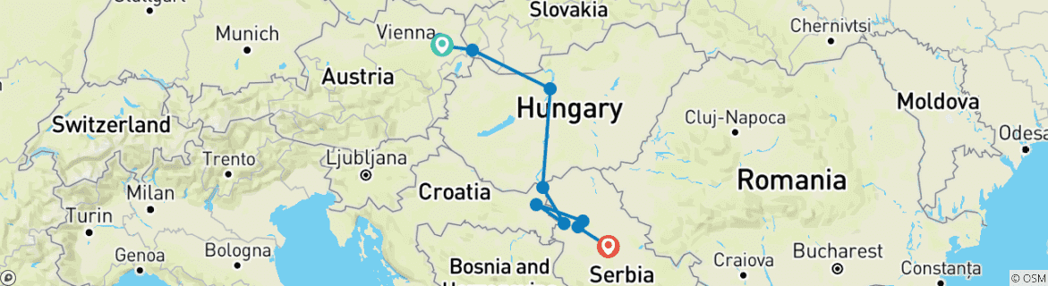 Image of a map showing the route of the tour