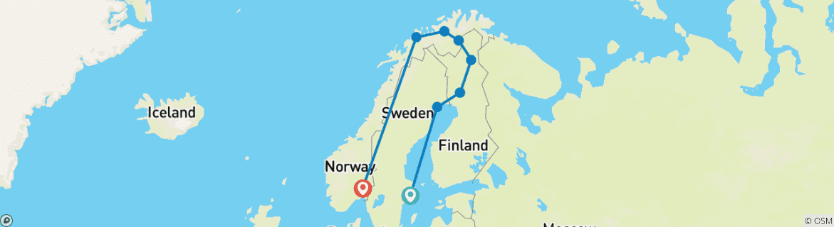 Carte du circuit Découverte des pays nordiques : la Suède, la Laponie finlandaise et les villes côtières de la Norvège (de Stockholm à Oslo) (2027)
