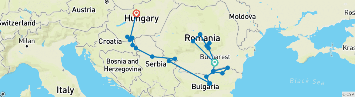 Image of a map showing the route of the tour