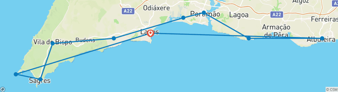 Image of a map showing the route of the tour