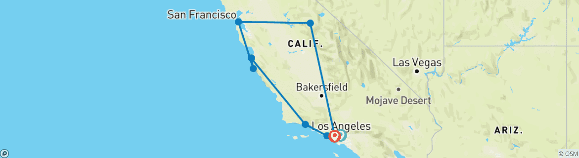 Carte du circuit Road trip en Californie – à travers le Golden State