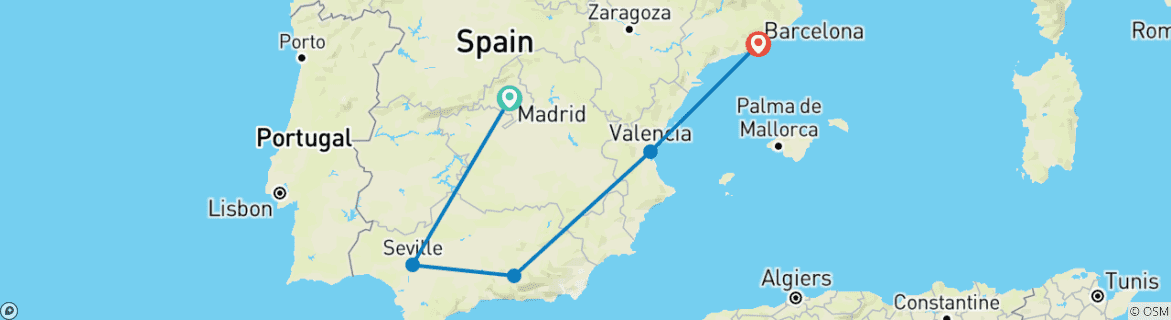 Carte du circuit Geluxe : Espagne : Madrid, Séville et la Sagrada Família de Barcelone