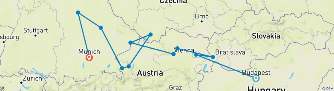 Image of a map showing the route of the tour