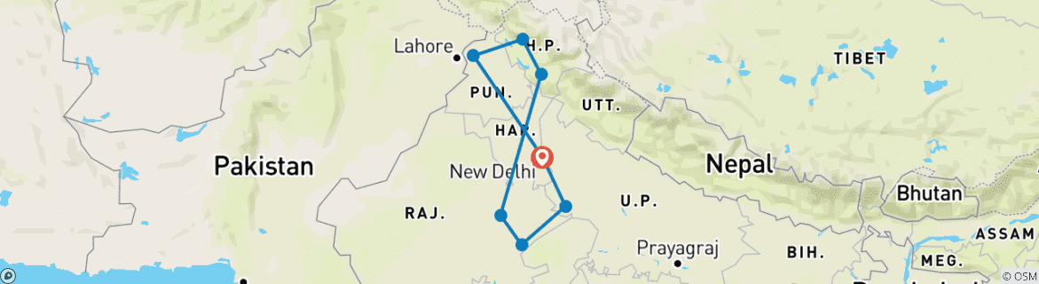 Image of a map showing the route of the tour