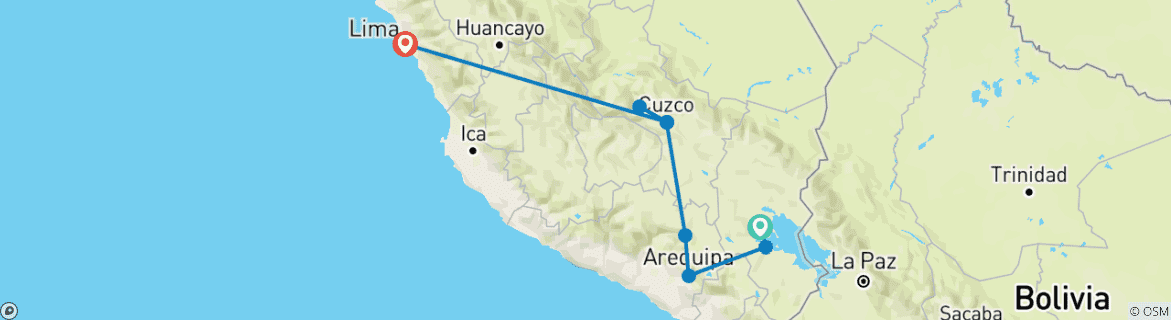 Image of a map showing the route of the tour