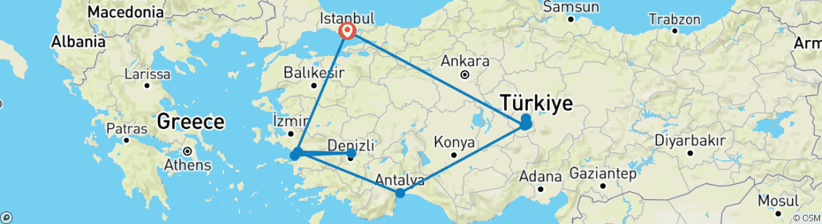 Image of a map showing the route of the tour