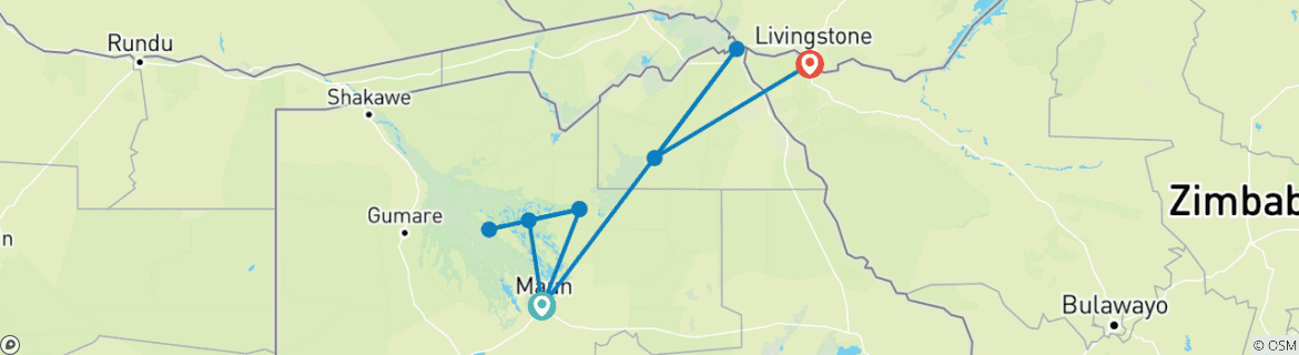 Image of a map showing the route of the tour