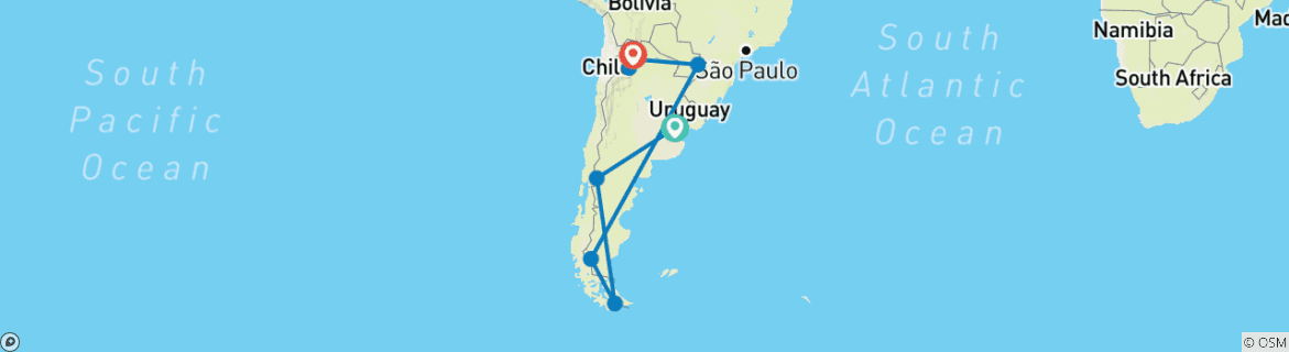 Carte du circuit Argentine : Buenos Aires, Bariloche, Ushuaia, Calafate, Iguazú et Salta – 18 jours