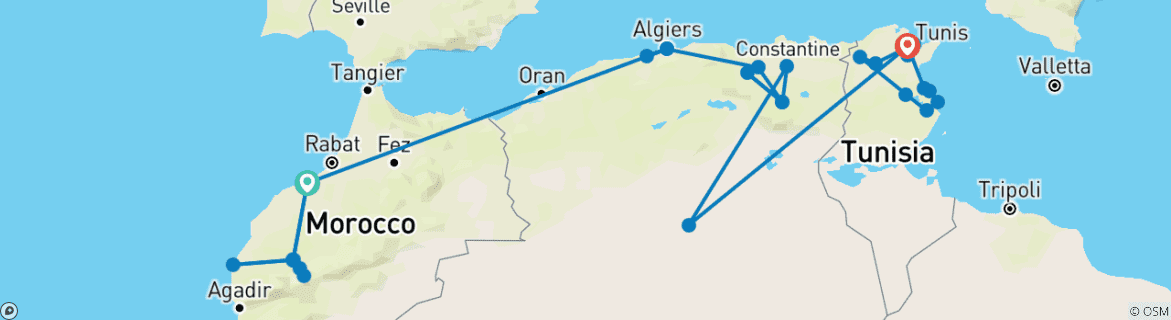 Image of a map showing the route of the tour