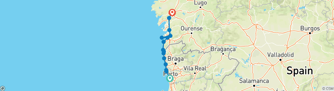 Image of a map showing the route of the tour