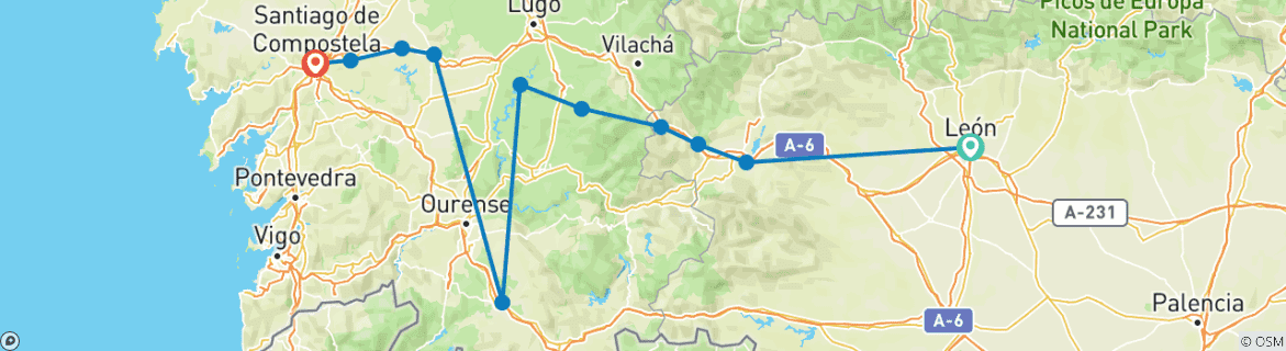 Image of a map showing the route of the tour