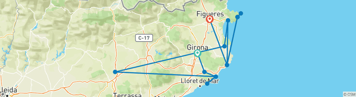 Image of a map showing the route of the tour