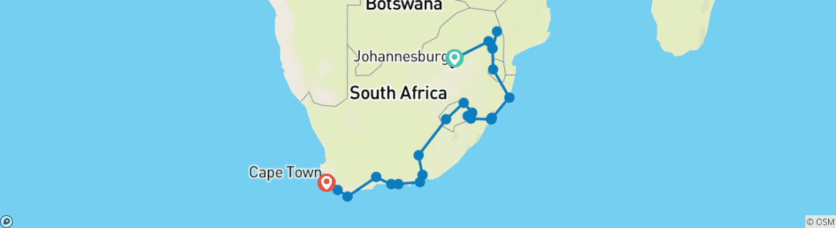 Carte du circuit Afrique du Sud, Eswatini et Lesotho (avec hébergement) - 20 jours