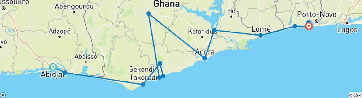 Image of a map showing the route of the tour