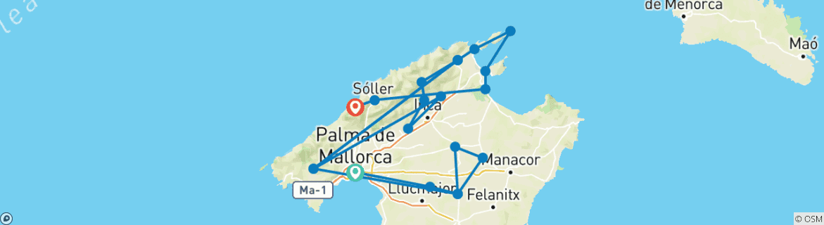 Image of a map showing the route of the tour