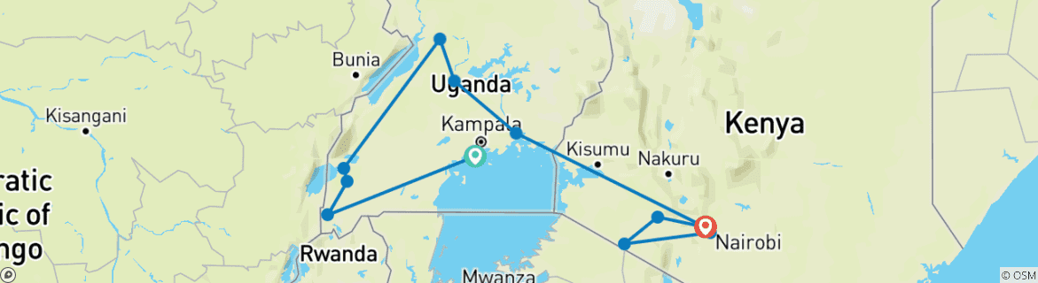 Image of a map showing the route of the tour
