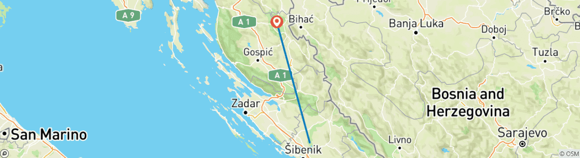 Karte von 2-tägige Tour zu den Krka-Wasserfällen und den Plitvicer Seen ab Split