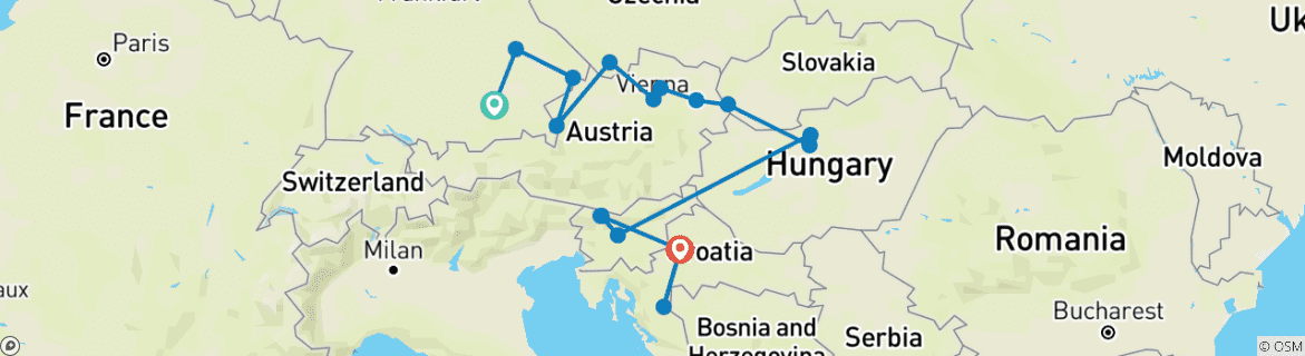 Image of a map showing the route of the tour