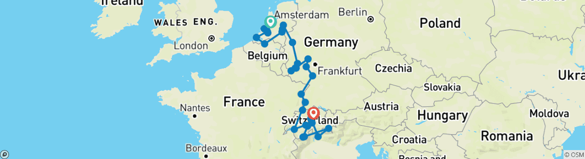 Image of a map showing the route of the tour