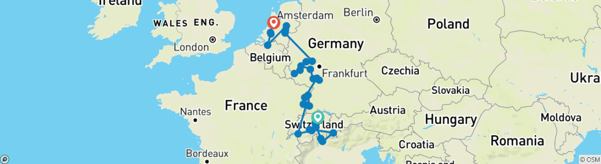 Image of a map showing the route of the tour
