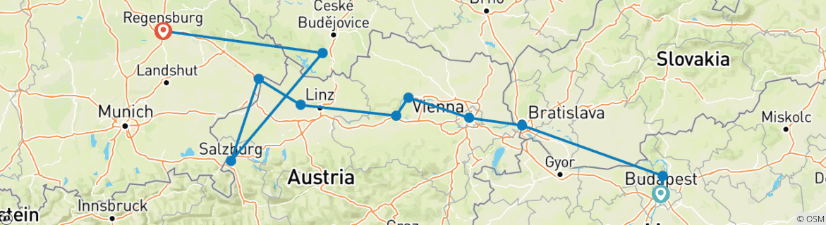 Image of a map showing the route of the tour