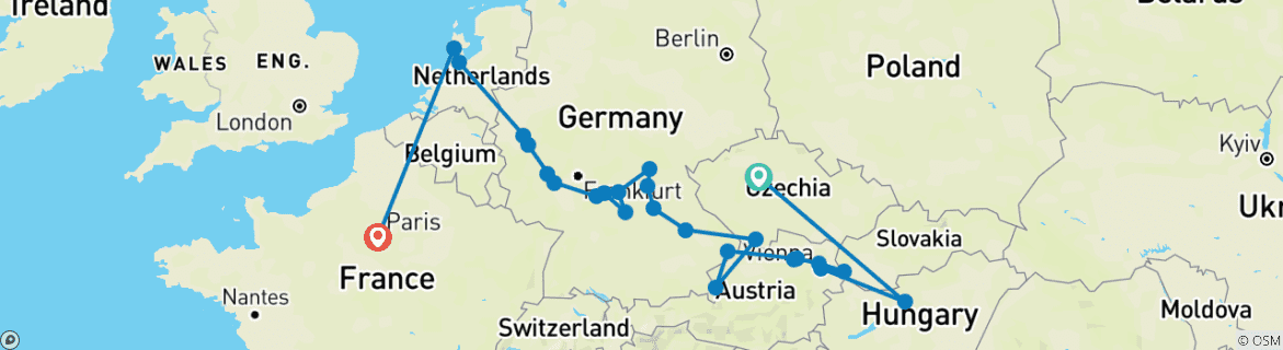 Image of a map showing the route of the tour