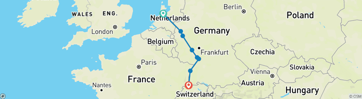 Image of a map showing the route of the tour