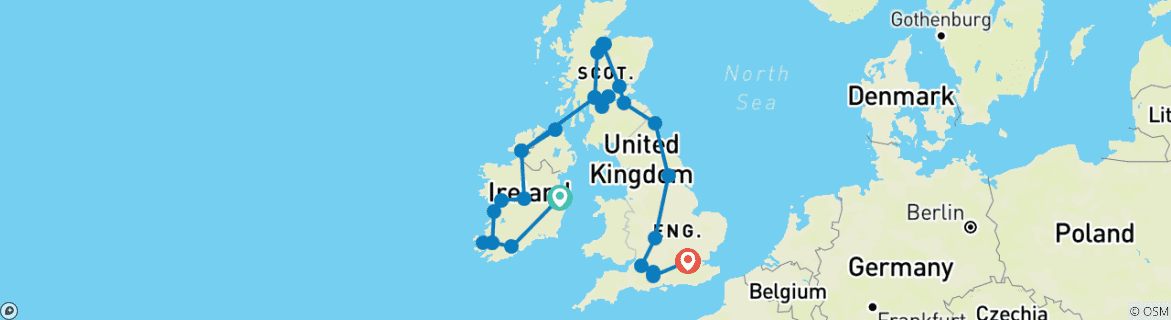 Image of a map showing the route of the tour