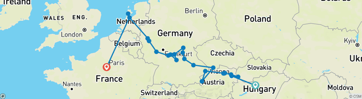 Image of a map showing the route of the tour