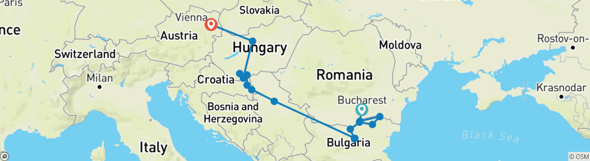 Image of a map showing the route of the tour