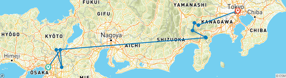 Image of a map showing the route of the tour
