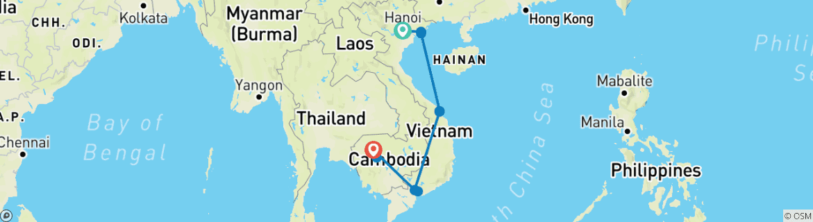 Image of a map showing the route of the tour