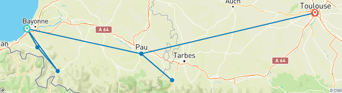 Image of a map showing the route of the tour