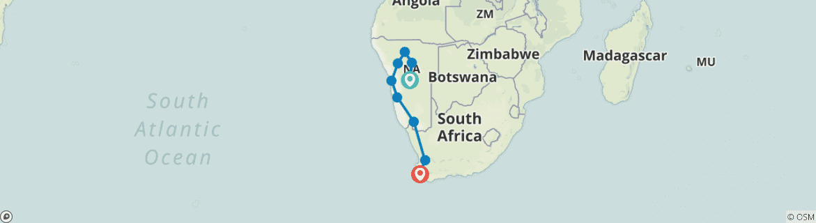 Image of a map showing the route of the tour