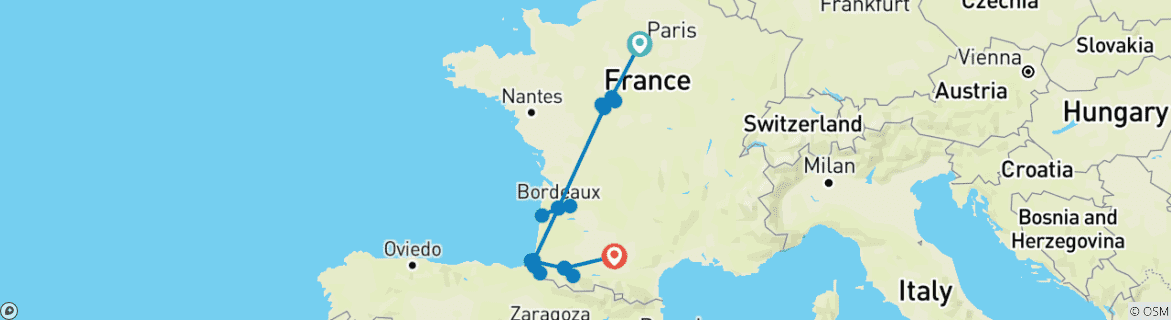 Image of a map showing the route of the tour