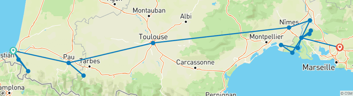 Image of a map showing the route of the tour