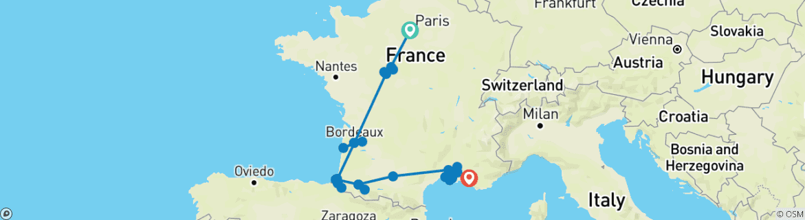 Image of a map showing the route of the tour