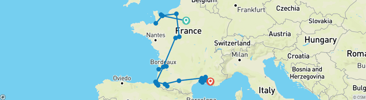 Image of a map showing the route of the tour