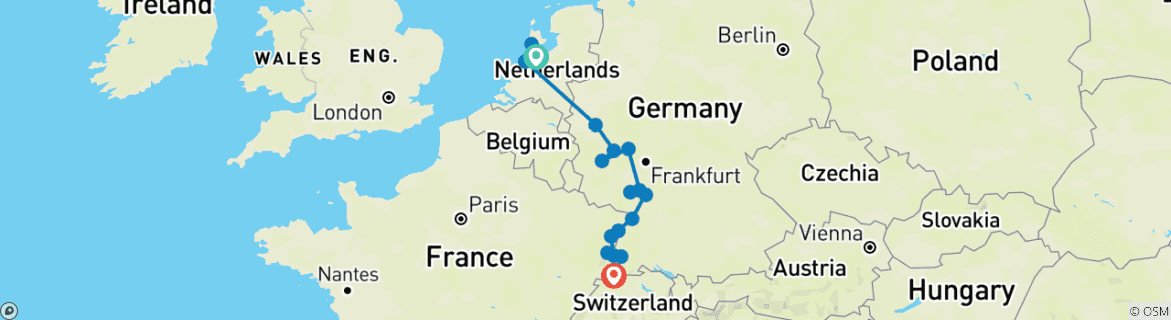 Image of a map showing the route of the tour