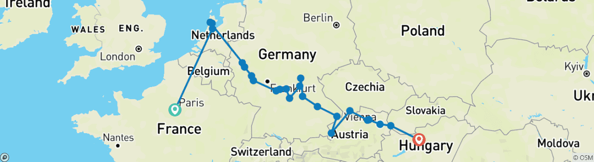 Image of a map showing the route of the tour