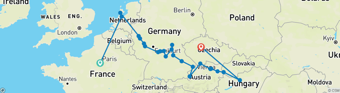 Image of a map showing the route of the tour